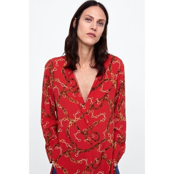 Zara Basic Red Chain Print Long Sleeve Tunic Dress S - Picture 4 of 11